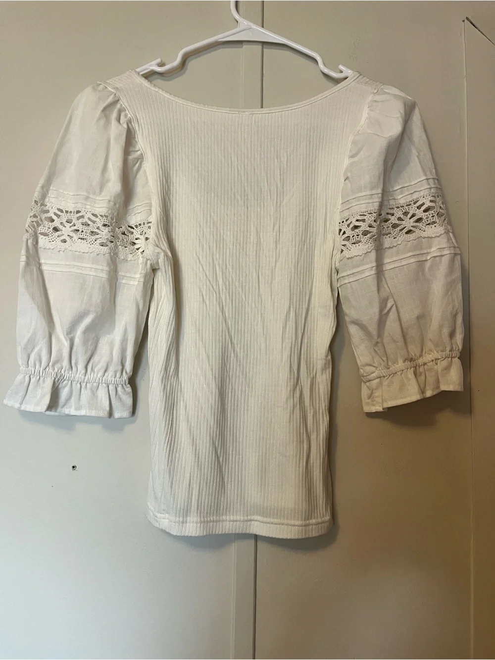 Free People Soft White Lace-Trim Detaik Puff Sleeve Top